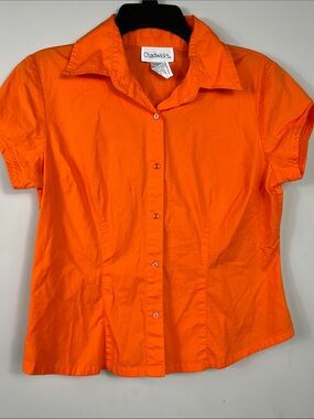 Chadwicks Bright Orange Button Front Blouse Short Sleeve Collared Top Summer M